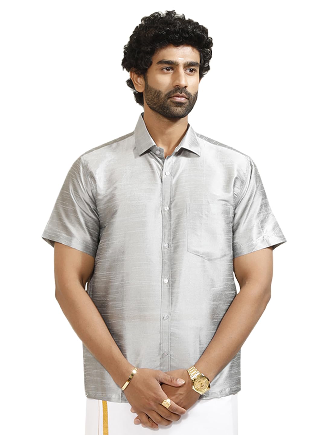 VASTRAMAY Men's Silk Blend Ethnic Shirt - Half Sleeves, South Indian Traditional Shirt for Weddings, Festivals, & Casual Wear