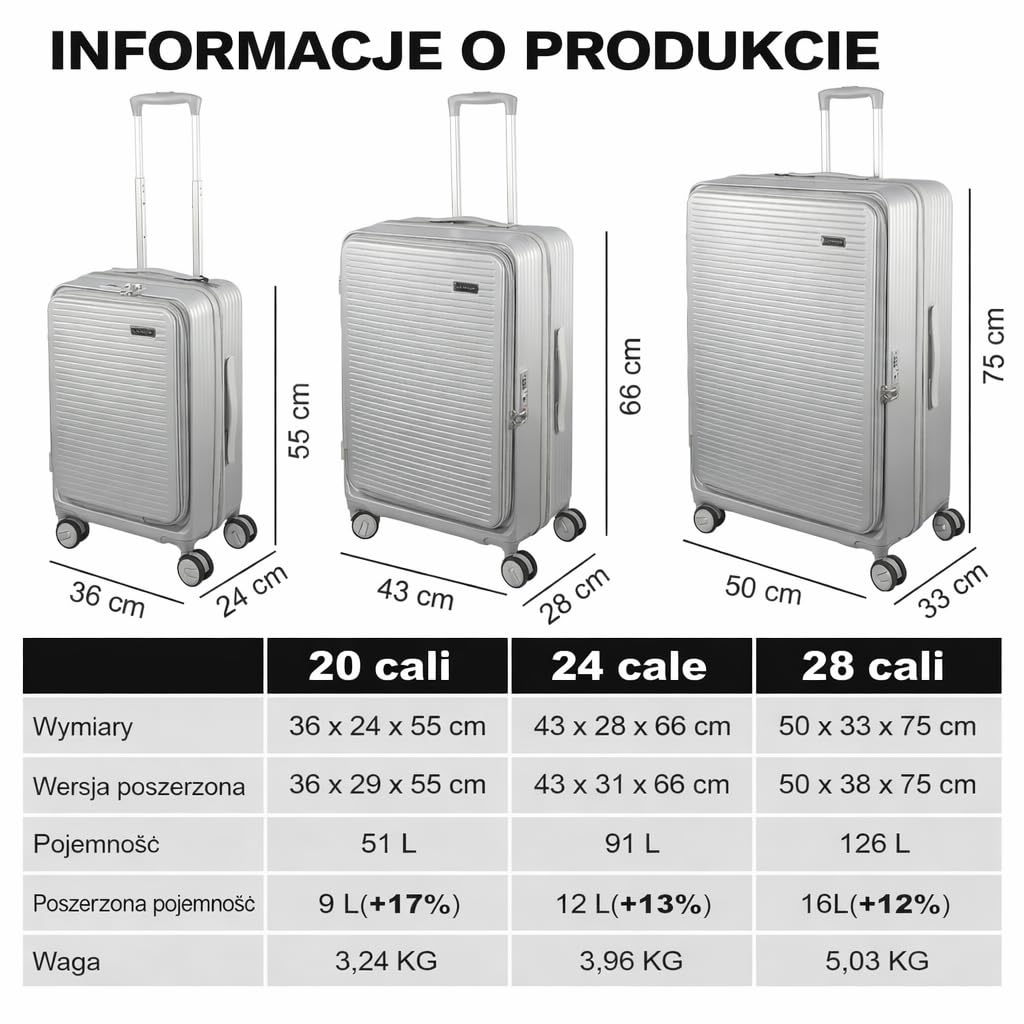 Zestaw 3 walizek z twardego poliwęglanu, specjalny system otwierania z przodu z przegródką organizera, możliwość rozszerzenia, 51 61 71 cm, zamek szyfrowy TSA, podwójne kółka 360 stopni, srebro
