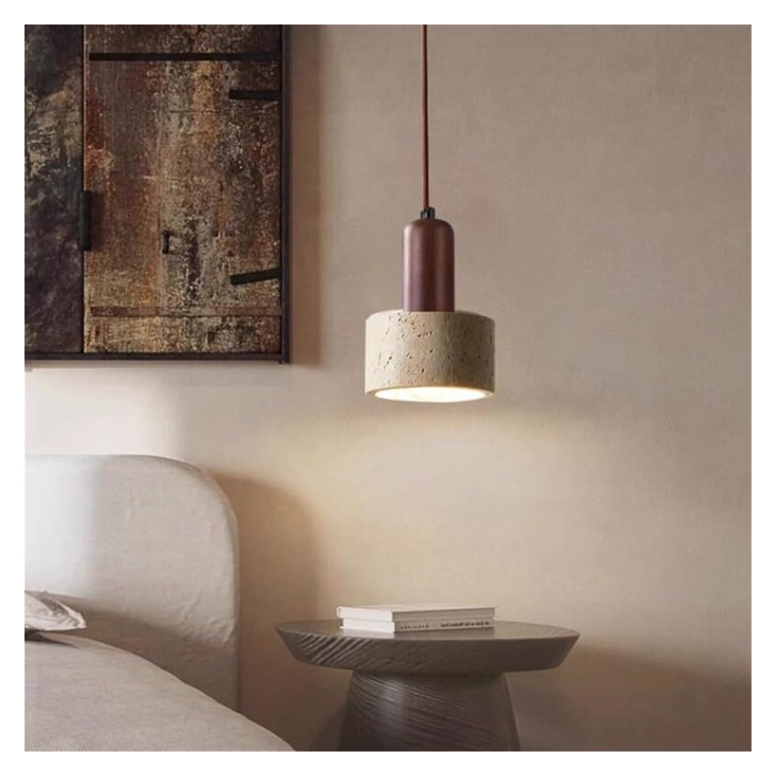 Suspension, mini-cylindre en pierre naturelle, suspension en bois de noyer, travertin, luminaire suspendu for îlot de cuisine for salle à manger, chambre à coucher, restaurant(15cm)