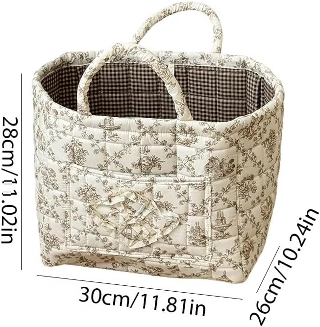 Storage Basket with Handles, Floral Toile Print, Gingham Lining, 11.81x10.24x11.02 Inch, Washable Organizer for Closet, Laundry, Home