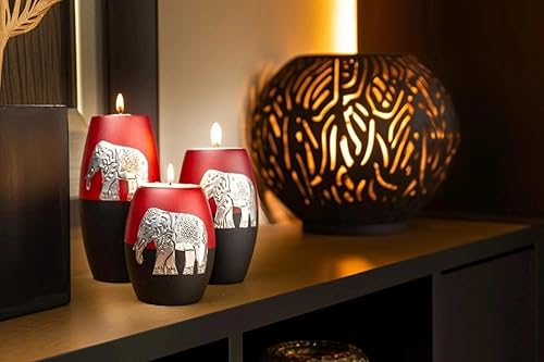 Miniatura 7 de IYARA CRAFT 3 portavelas de madera, candelabros decorativos con incrustaciones de elefante antiguo de aluminio, detalles intrincados, acabado de