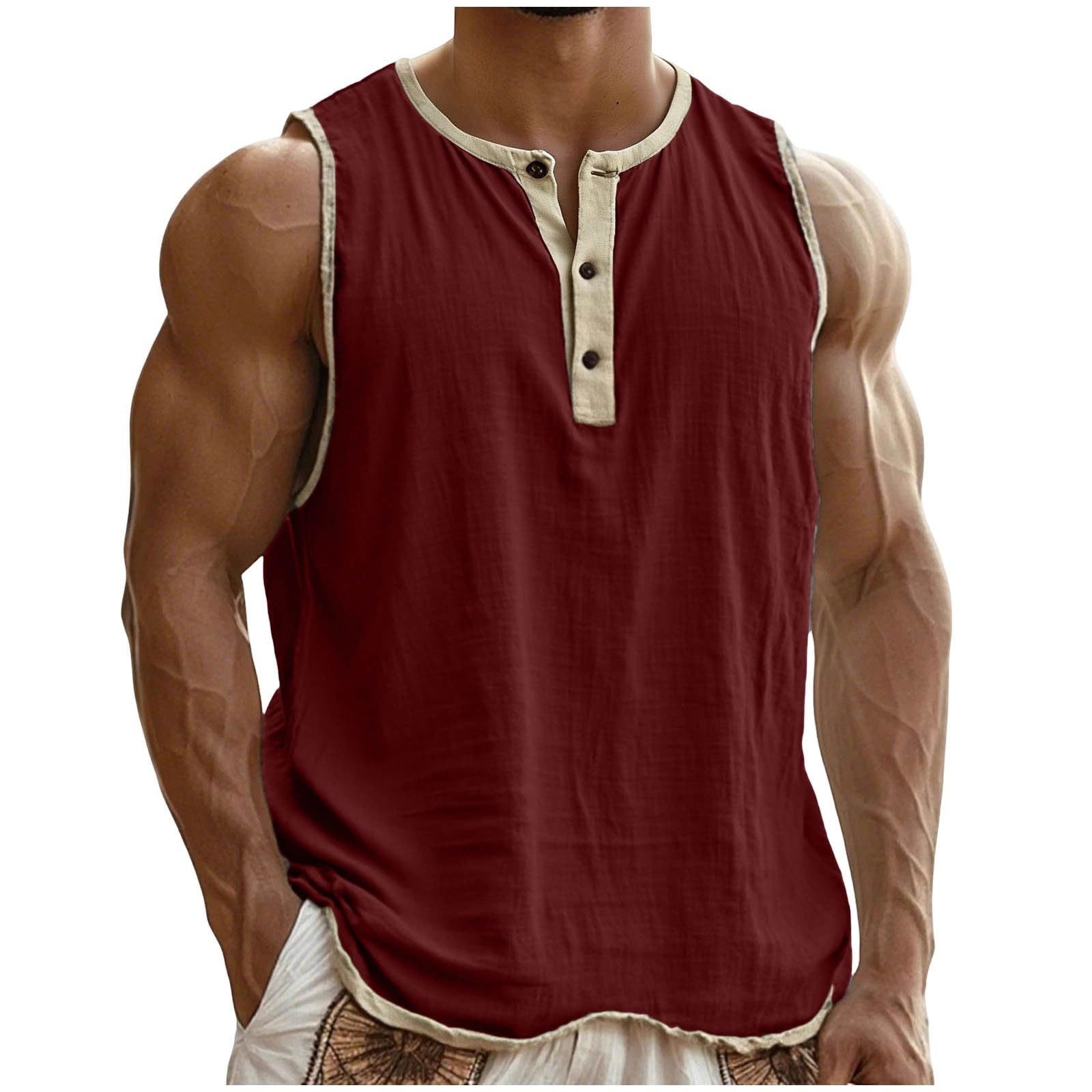 Cotton Linen Tank Tops for Men Color Block Sleeveless Muscle Workout Gym Henley Shirts Casual Button Down Slim Fit Tee