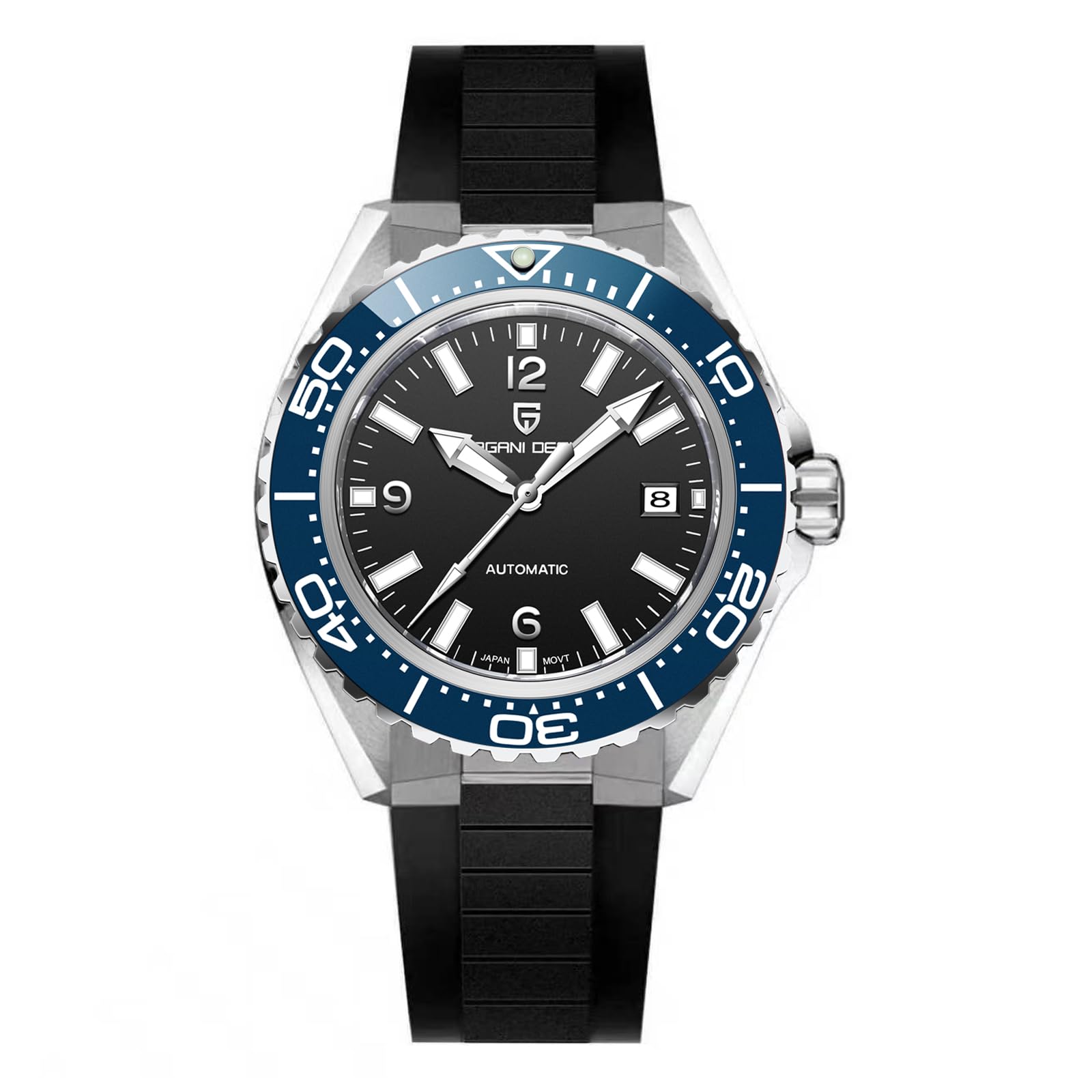 Pagani Design Herren Automatikuhr, Miyota 8215 Japanisches Uhrwerk, 42mm Edelstahlgehäuse, Keramiklünette, 100m Wasserdicht, Leuchtend, Edelstahlarmband