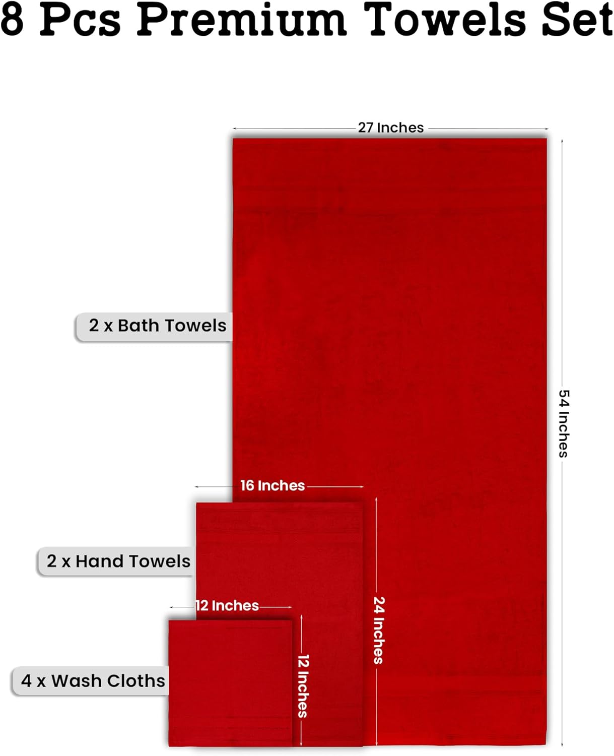 Casa Lino Bath Towel Set of 8 (2 Bath Towels, 4 Wash Cloths & 2 Hand Towels for Bathroom) - 100% Cotton - Highly Absorbent & Quick Dry - Guest Room Essentials for Bathroom Set - (Red), 360 GSM