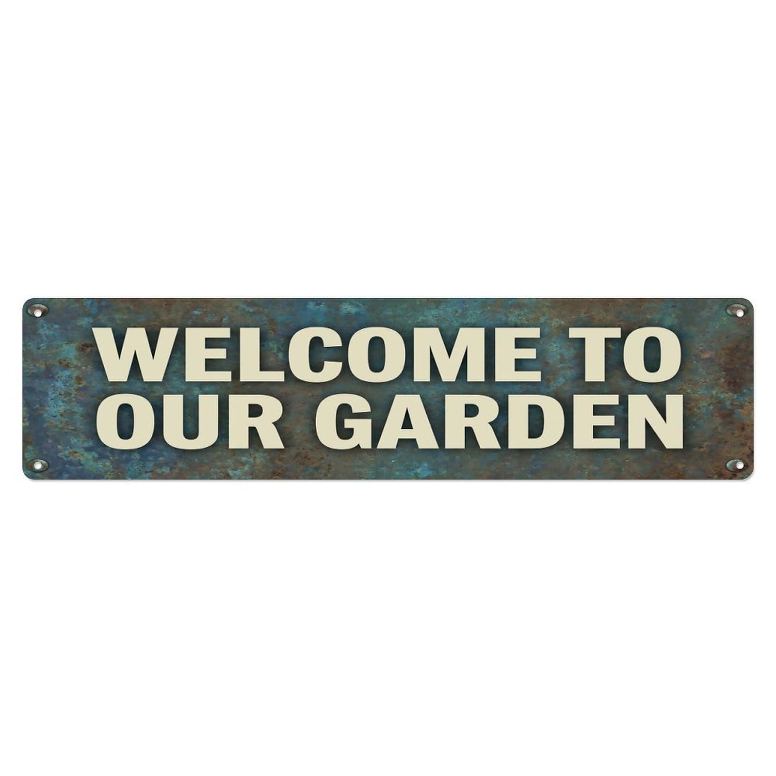 Vintage Welcome to Our Garden Copper Rust Metal Tin Sign