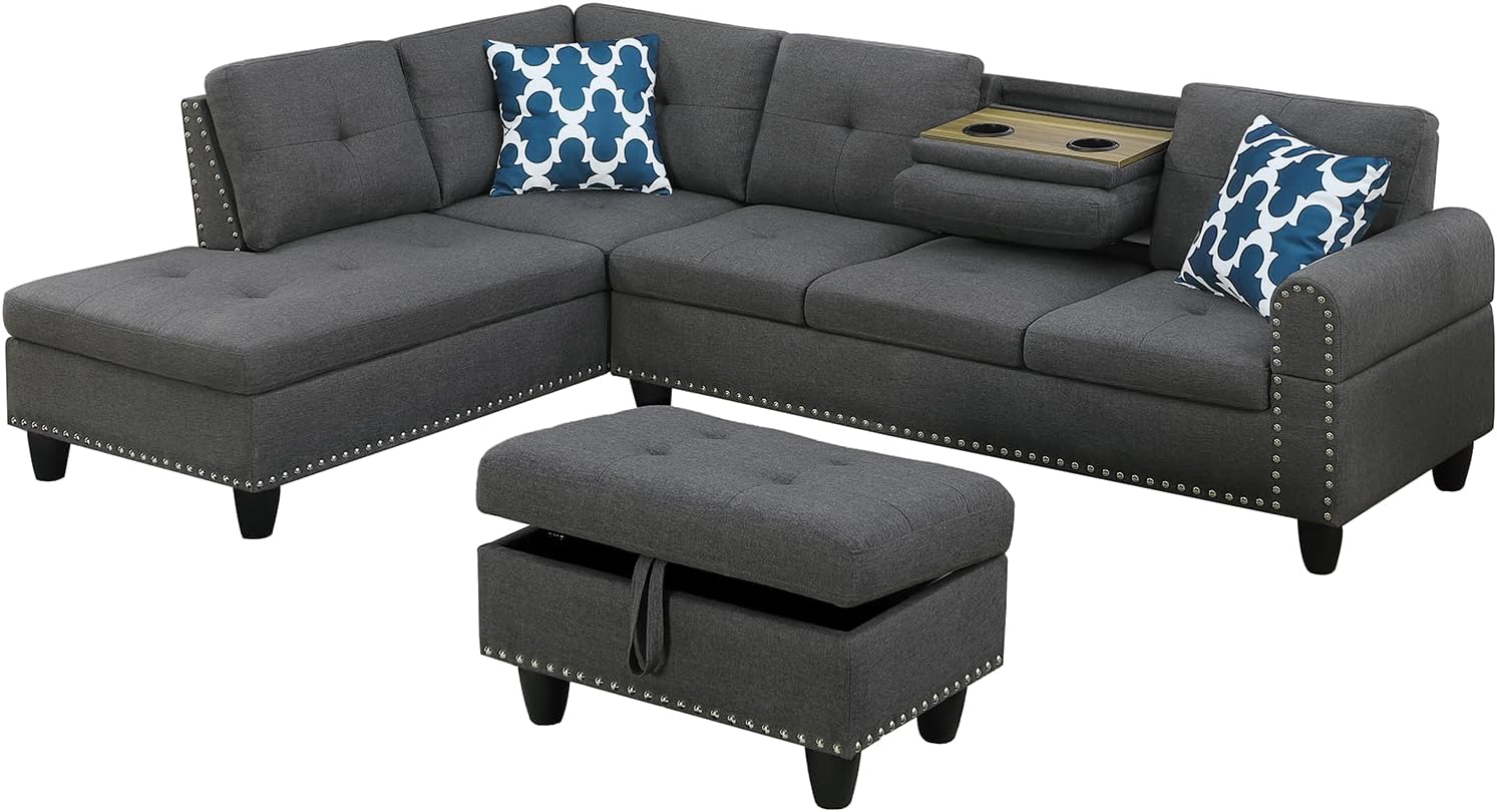 L-Shaped Sectional Sofa with Storage Ottoman, Linen Upholstery 3-Seat Couch with Pillows, Nailhead Trim, Tufted Cushions, Pull-Down Middle Seat with Cup Holders, 98”W x 71”D x 33”H – Dark Grey