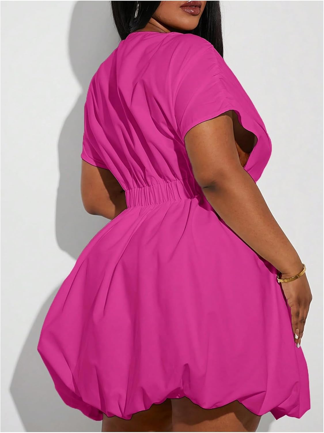 WDIRARA Women's Plus Size Deep V Neck Bubble Dress Short Sleeve A Line Mini Dresses - Image 2