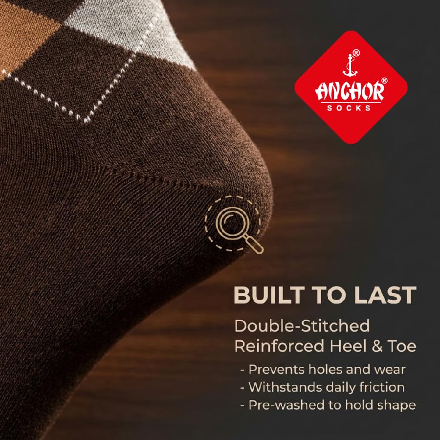 Image of ANCHOR, Cotton Argyle Socks for Men Full Length, Formal Cotton Mens Socks, Free Size, Pack of 5