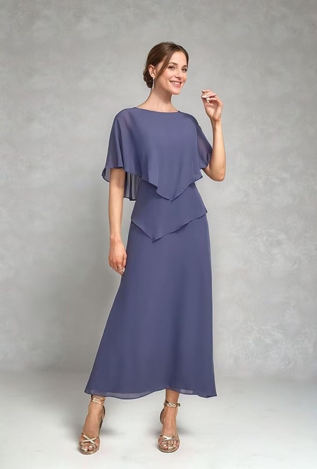 Tea Length Mother of The Bride Dresses for Wedding Chiffon A Line Formal Evening Dresses with Sleeve