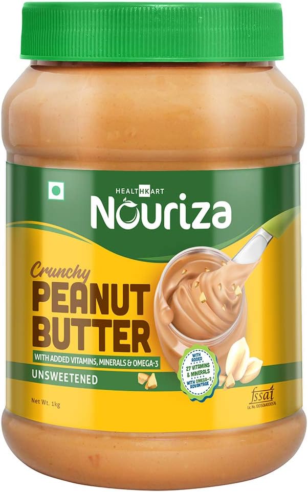 Nouriza Natual Peanut Butter with added VITAMINS & MINERALS, Unsweetened, (Crunchy, 1 Kg)
