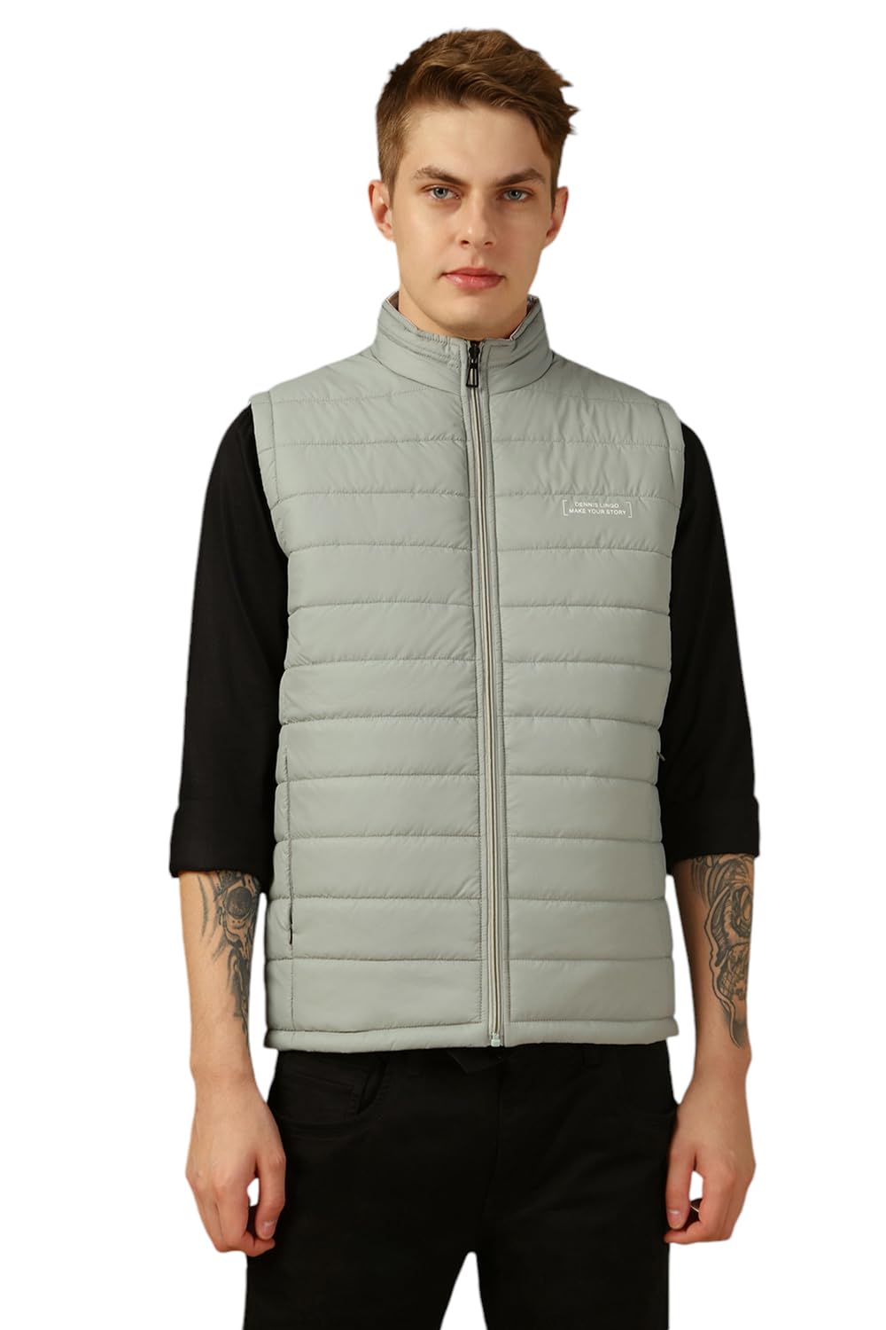dennis lingo Men Grey Solid Regular Fit Sleeveless Mock Collar Padded Jacket-picture-12