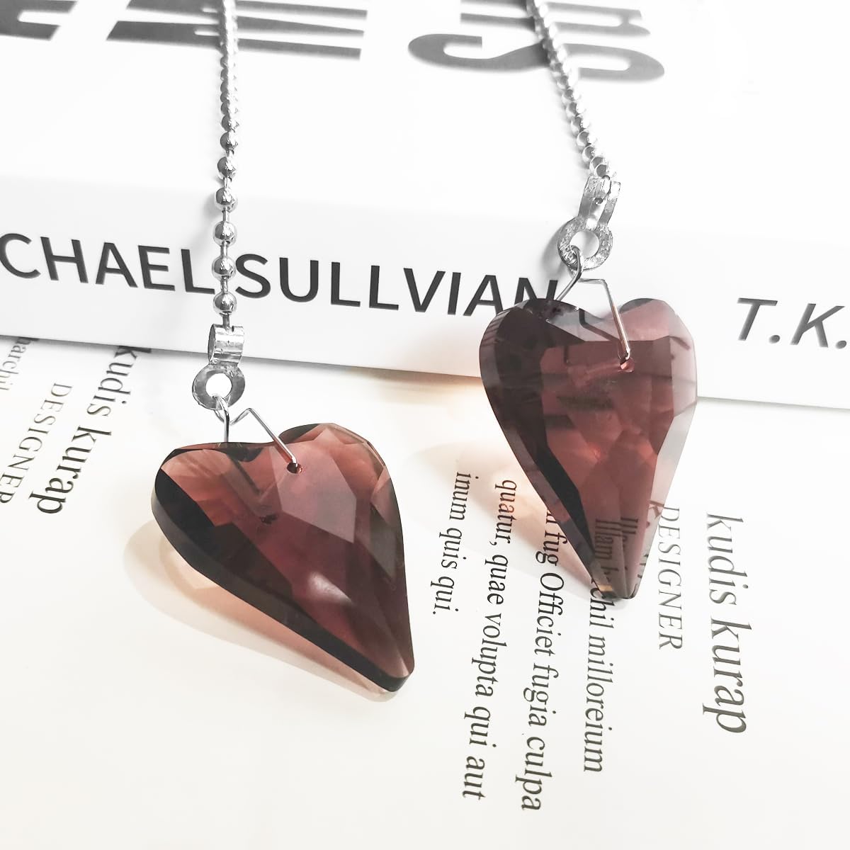 Ceiling Fan Pull Chain Extender, 2-Pack 12 Inch Crystal Heart Decorative Pull Chains for Ceiling Fans and Lights with Charm Pendant & Connector (Wine Red)