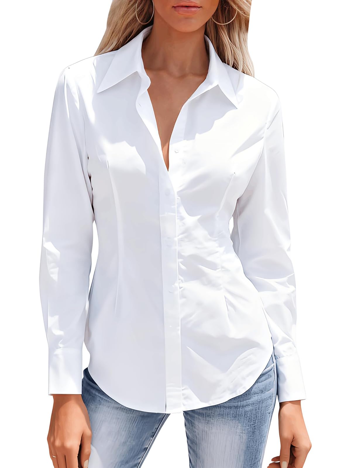 Button Down Shirts for Women Long Sleeve Dress Shirts Wrinkle Free Collared Work Office Solid Blouses Corset Tops