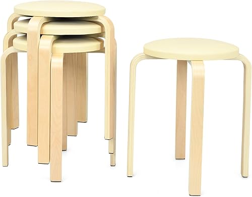 Miniatura 10 de COSTWAY Paquete de 4 taburetes apilables de madera curvada, taburetes escolares apilables portátiles de 18.5 pulgadas con parte superior redonda de