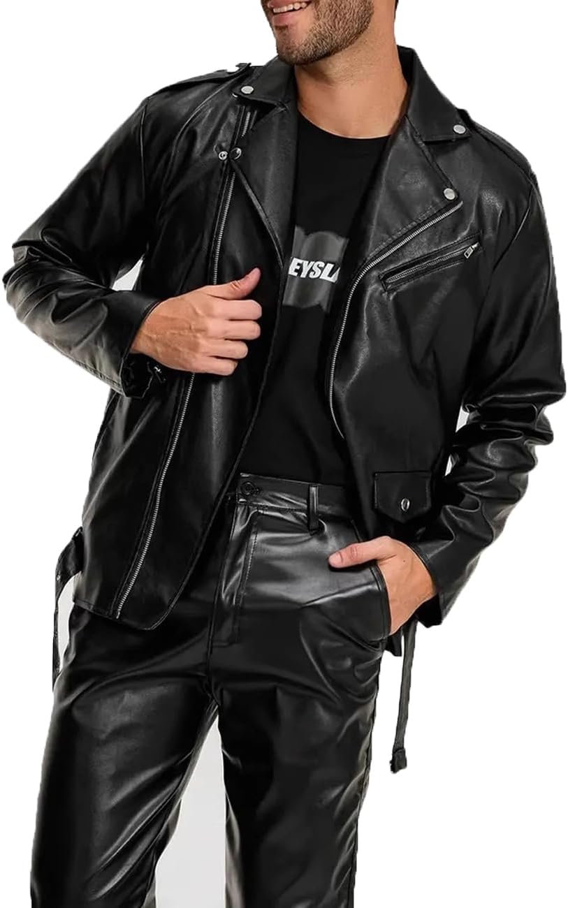 Men’s Pu Leather Jacket Lapel Collar Motorcycle Zip Up Long Sleeve Motor Biker Short Coat Jacket with Belt