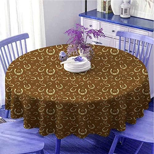 UETECH Tulle Round Tablecloth Western Horse Shoe Motif Vintage Pattern with Star Symbol Barn Lucky Charm Design Brown Pale Yellow Diameter 54"