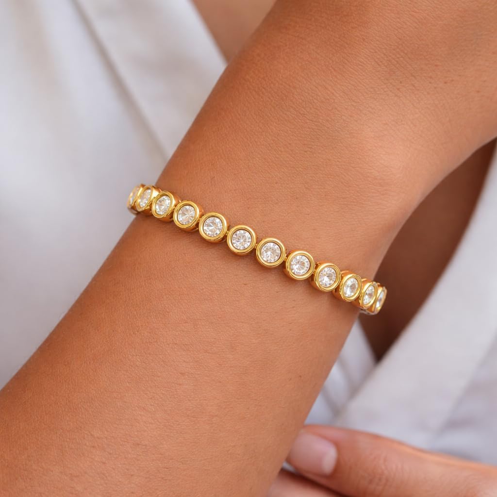 6.00 Carat F-G/VS Lab Grown Round Brilliant Cut Diamond Studded Bezel Set 6.50 Inch Tennis Bracelet for Women Made in Solid Gold