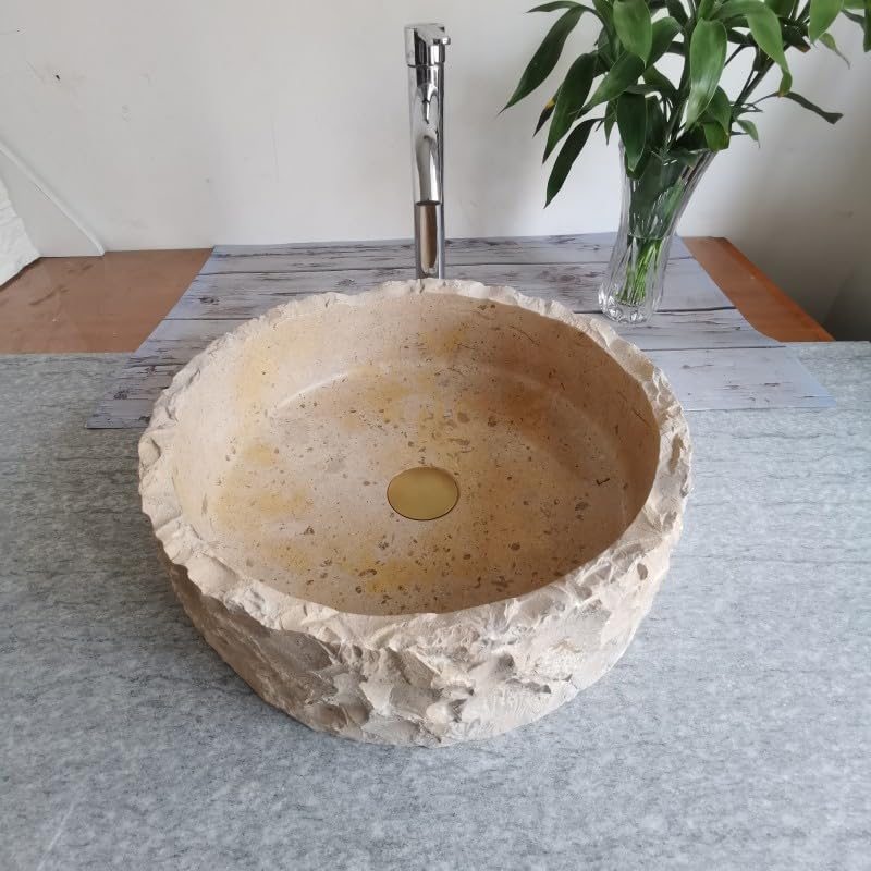Beżowy trawertyn kamienna umywalka blat okrągłe zlewozmywaki 40 cm x 13 cm chrocks