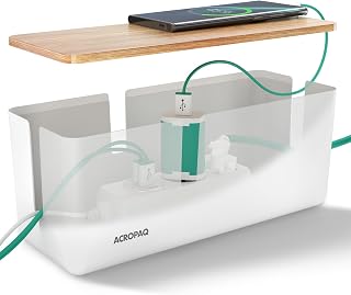 ACROPAQ Kabelbox - Kabelmanagement Box für Kabel verstecken, Steckdosen verstecken, mit Bambusdeckel, (30 x 12 x 11 cm), rutschfest, Kabelbox Weiß - Kabel Organizer Box, Steckdosenbox, Kabelkiste