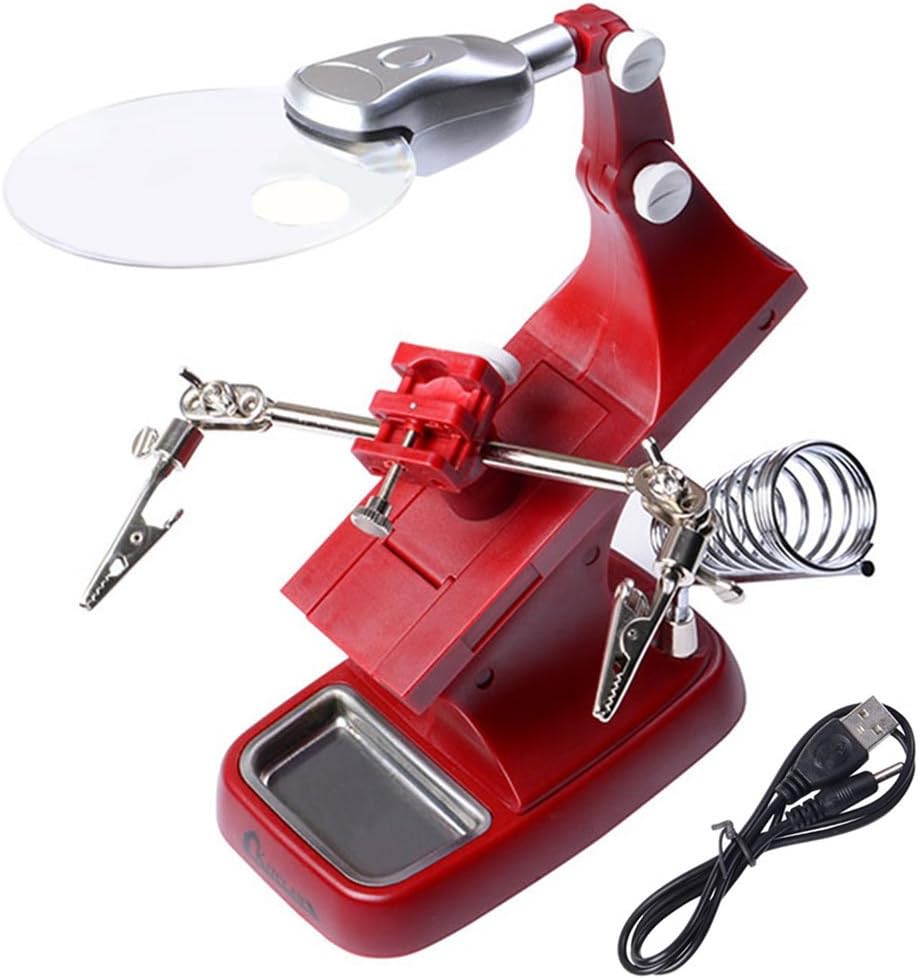 Kitclan LED Light Helping Hands Solder Magnifier Station-Desktop Magnifier with 360-Degree Roating Lens, 3X 4.5X Illuminated with Clamp and Alligator Clips Free Bench Magnifier, Powered by USB/Battery