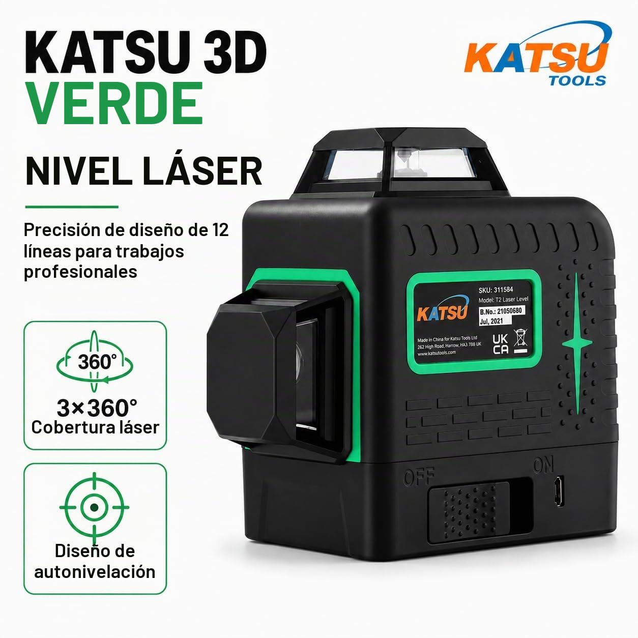 KATSU Nivel Láser 3D de 12 Líneas, 3x360 Grados Línea Cruzada Verde Horizontal Vertical Herramienta Láser Autonivelante, con Modo de Pulso para Interiores y Exteriores, 2 Pilas Incluidas