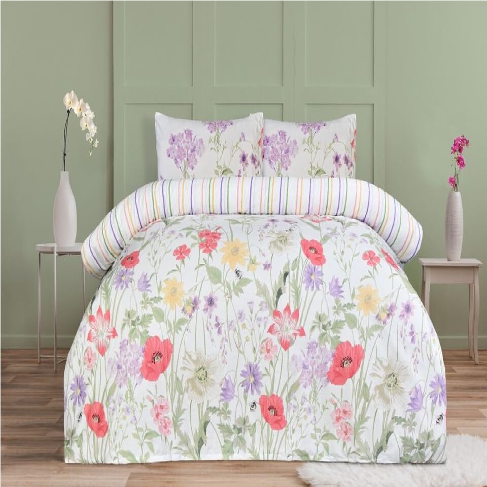 Lyallpur Reversible Microfiber Printed Duvet Cover Set & Pillow Cases Bedding Collection (Double, Wild Flowers)