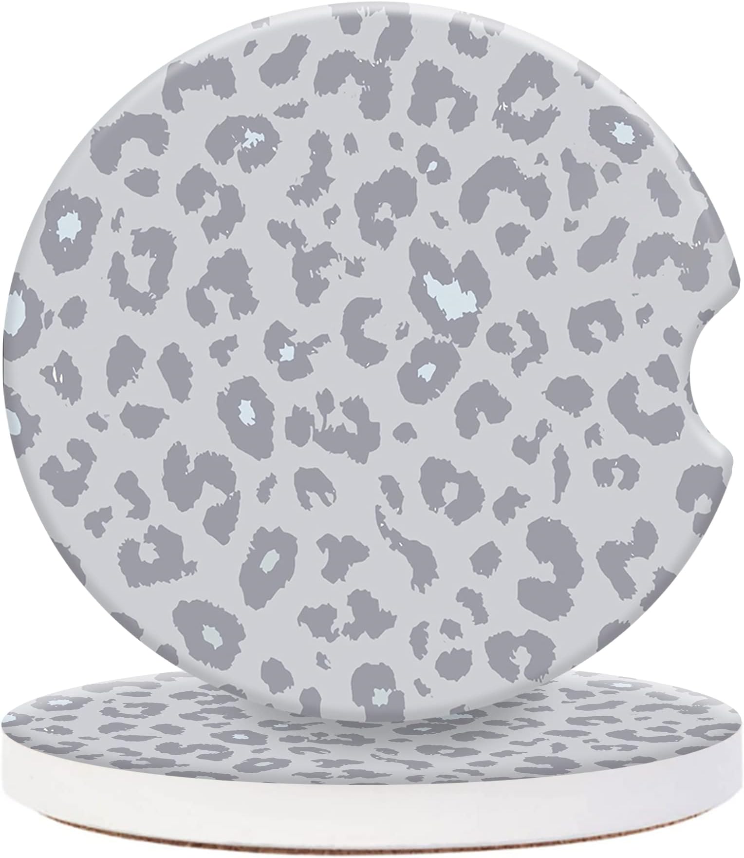 2 Pack Leopard Ceramic Car Coasters 2.56 Inch,Absorbent Car Cup Holder Coaster for Women,Cool Animal Skin Auto Accessories with Finger Notch - Gray Leopard