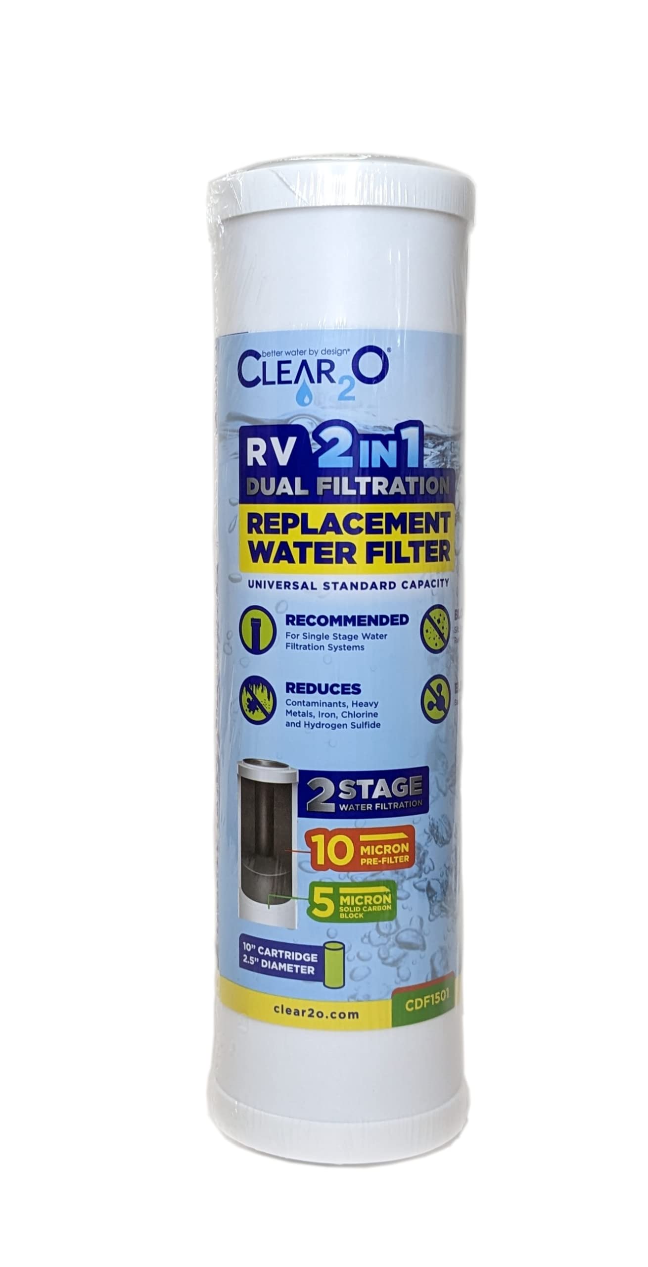 CLEAR2O® RV 2 IN 1 DUAL FILTRATION REPLACEMENT WATER FILTER - CDF1501 PRE-FILTER & CARBON FILTER
