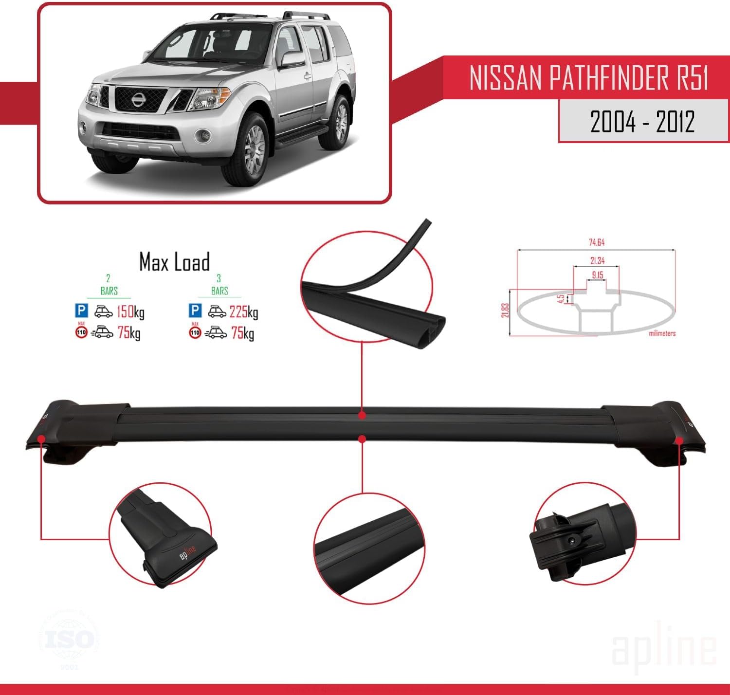 Compatible with Nissan Pathfinder 3 (R51) 2004-2012 Fly Model Car Roof Rack Cross Bar Black Aluminium 3 Bars