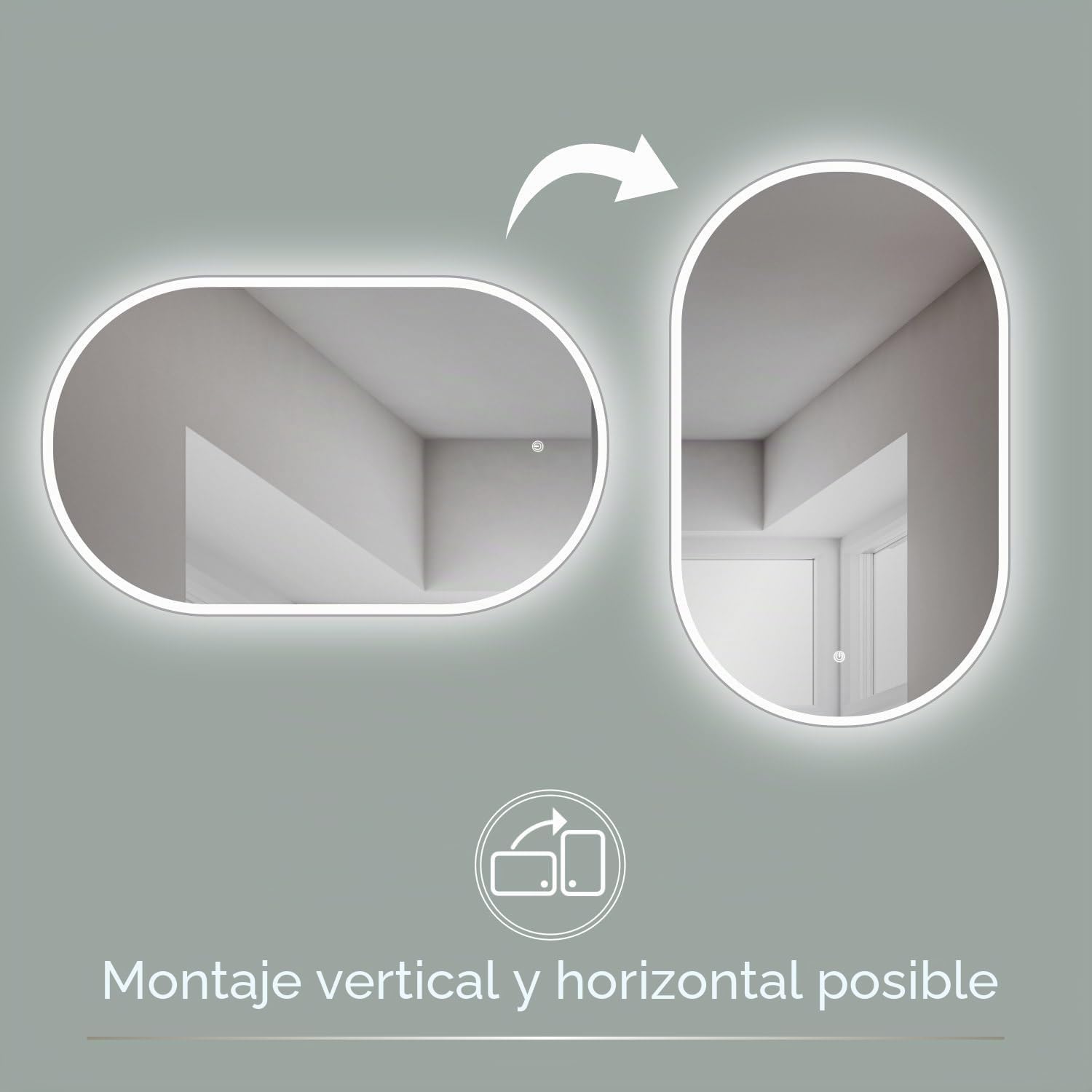 HOKO® Espejo LED Ovalado 50 x 90 cm. Montaje Alto + Transversal. Espejo de baño con iluminación LED para Exterior