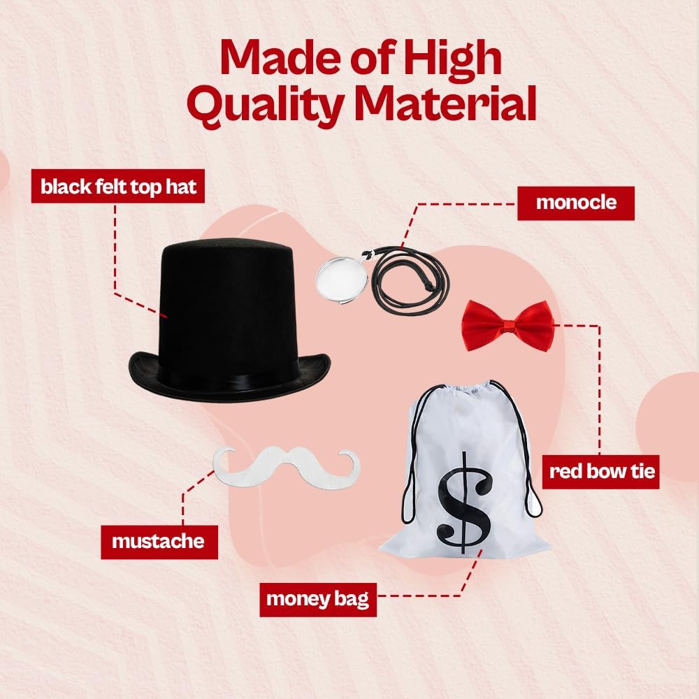 Tigerdoe Rich Uncle Costume Accessories - Board Game Costume - Gentlemen Costume Money Bags - Rich Man Top Hat - 5 Pc - Image 3