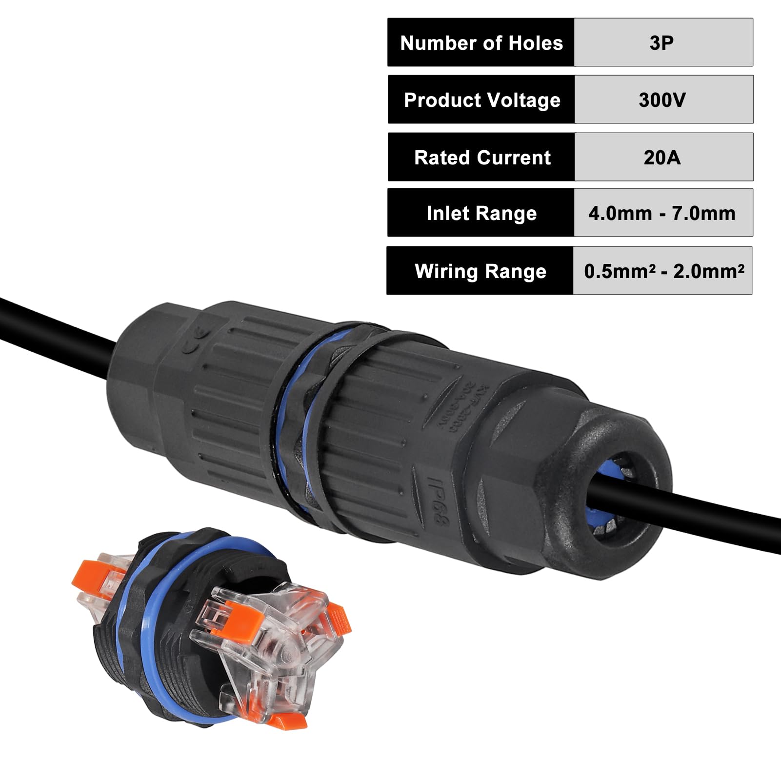 4PCS Waterproof IP68 Junction Box Outdoor 3 Pin Electrical Cable Connector Quick Fixing Wire Connector for 3.5-10mm Wire Range(AC 250V, 16A), Screwless Installation