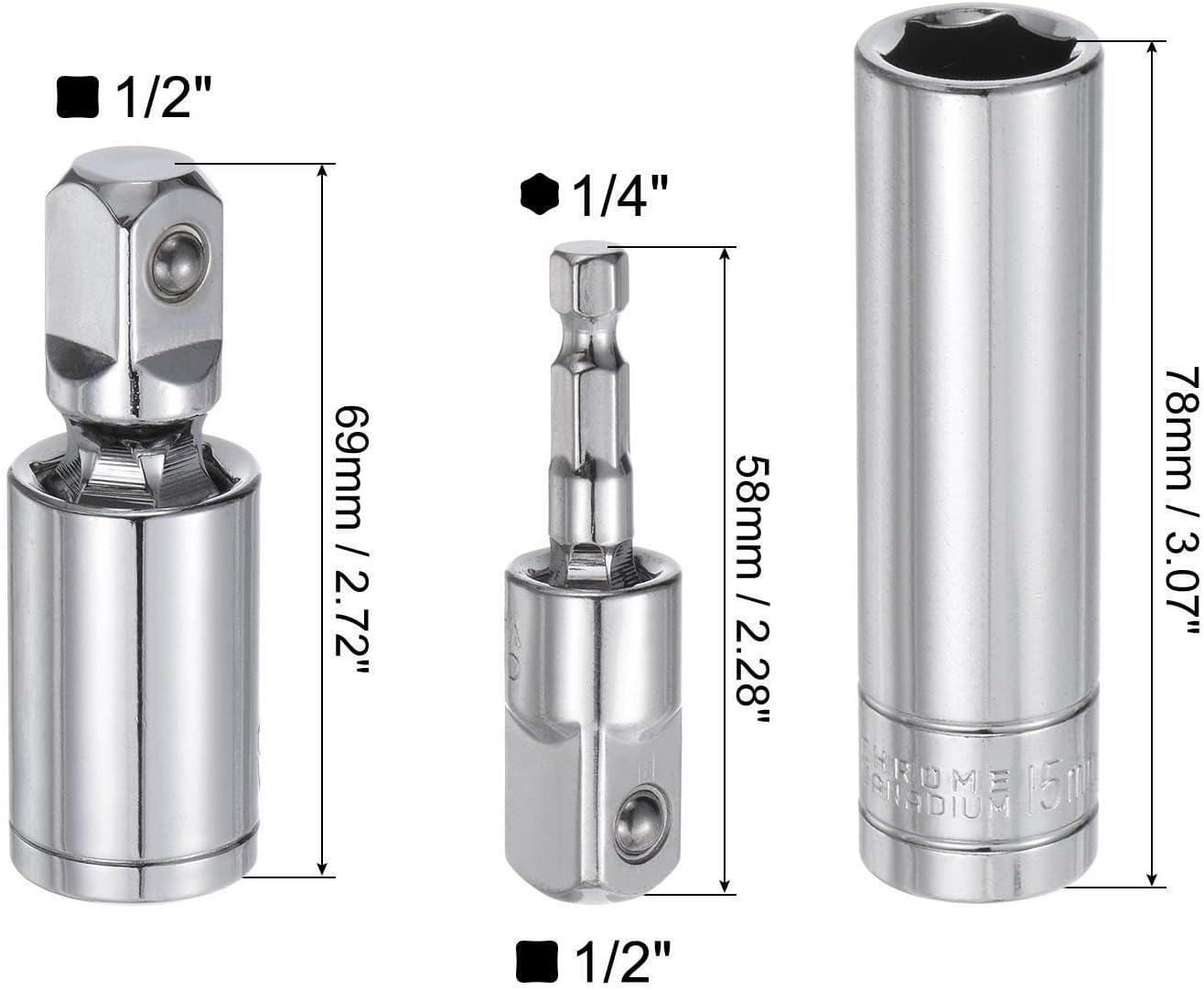 Toolparts And Accessories 1/2" Drive 15mm Deep Socket Swivel Joints Hex Shank Impact Driver Adaptor Set (#CN#130824-01501)