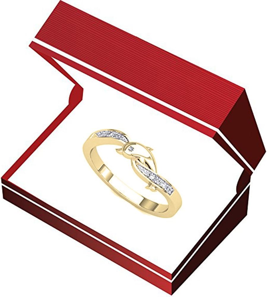 Dazzlingrock Collection 0.05 Ctw 14K Real Solid Gold Round Cut Natural Diamond Women Right Hand Dolphin Ring