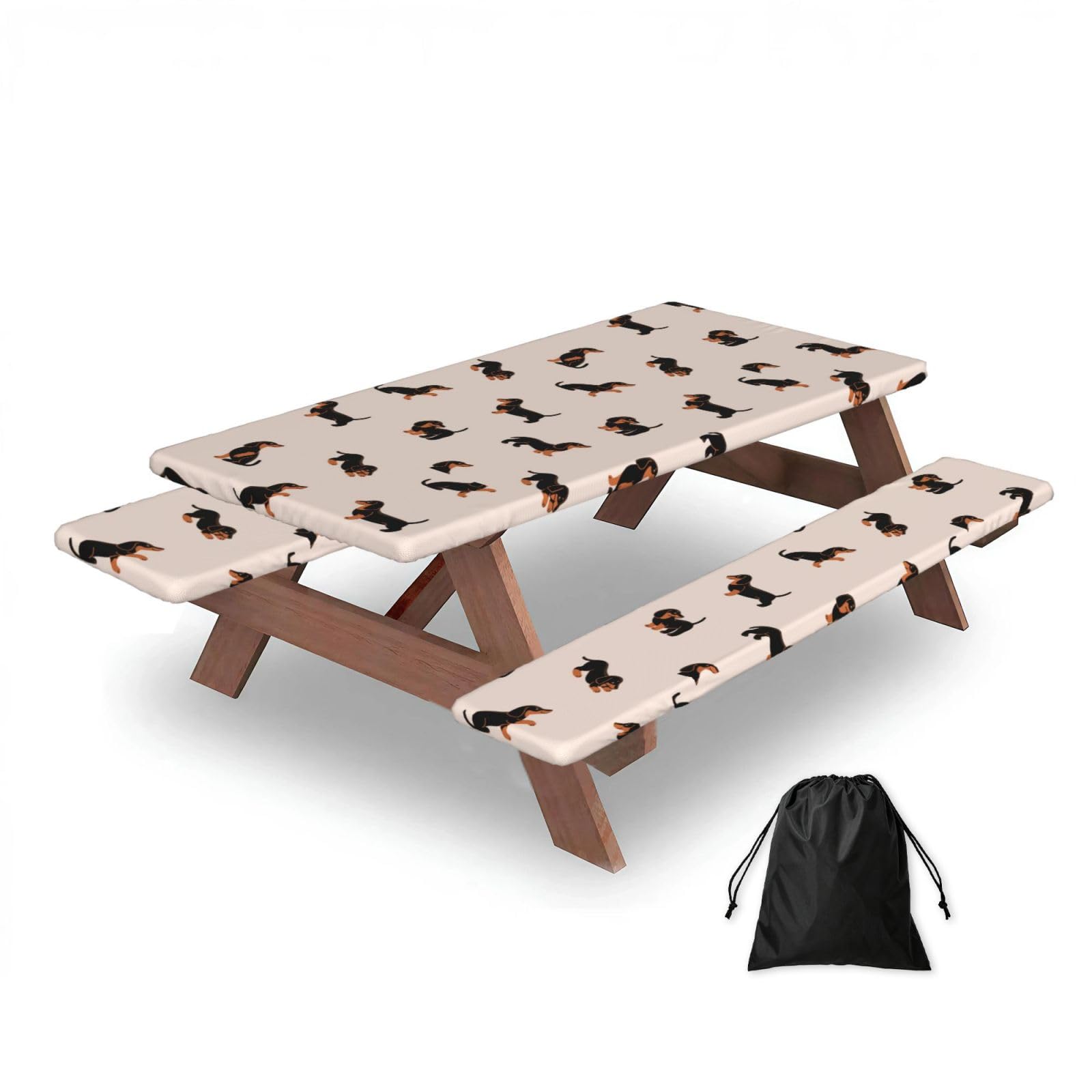 Cartoon Happy Dachshund Pattern, Picnic Table Cover With Bench Covers -Waterproof Elastic Fitted Tablecloth for Garden Camping Patio 76x152cm