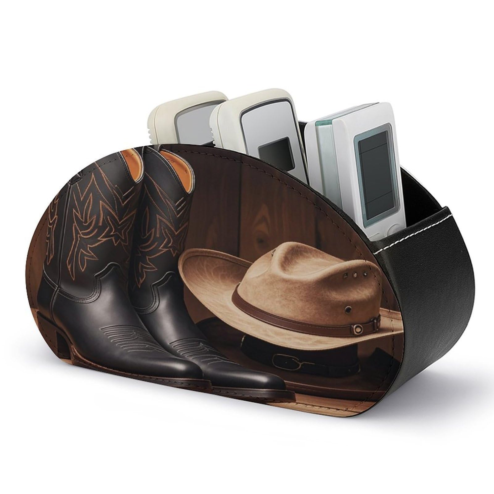 FekiLoot Leather TV Remote Control Holder with 5 Compartments Multifunctional TV Remote Holder Bedside Table Remote Caddy Storage Box Cowboy Black Hat Western Boots Remote Organizer for Home Office