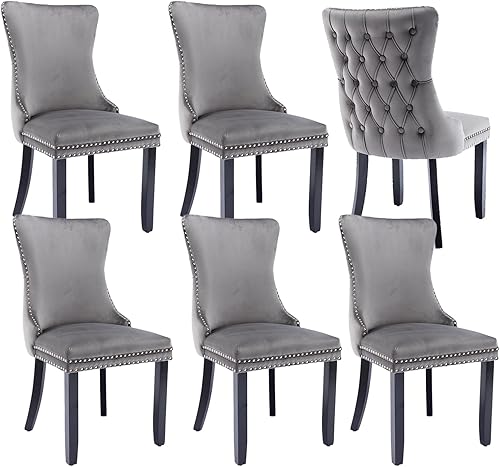 Miniatura 33 de Juego de 4 sillas de comedor de terciopelo negro, sillas de comedor tapizadas con respaldo copetudo con patas de madera maciza, sillas de comedor