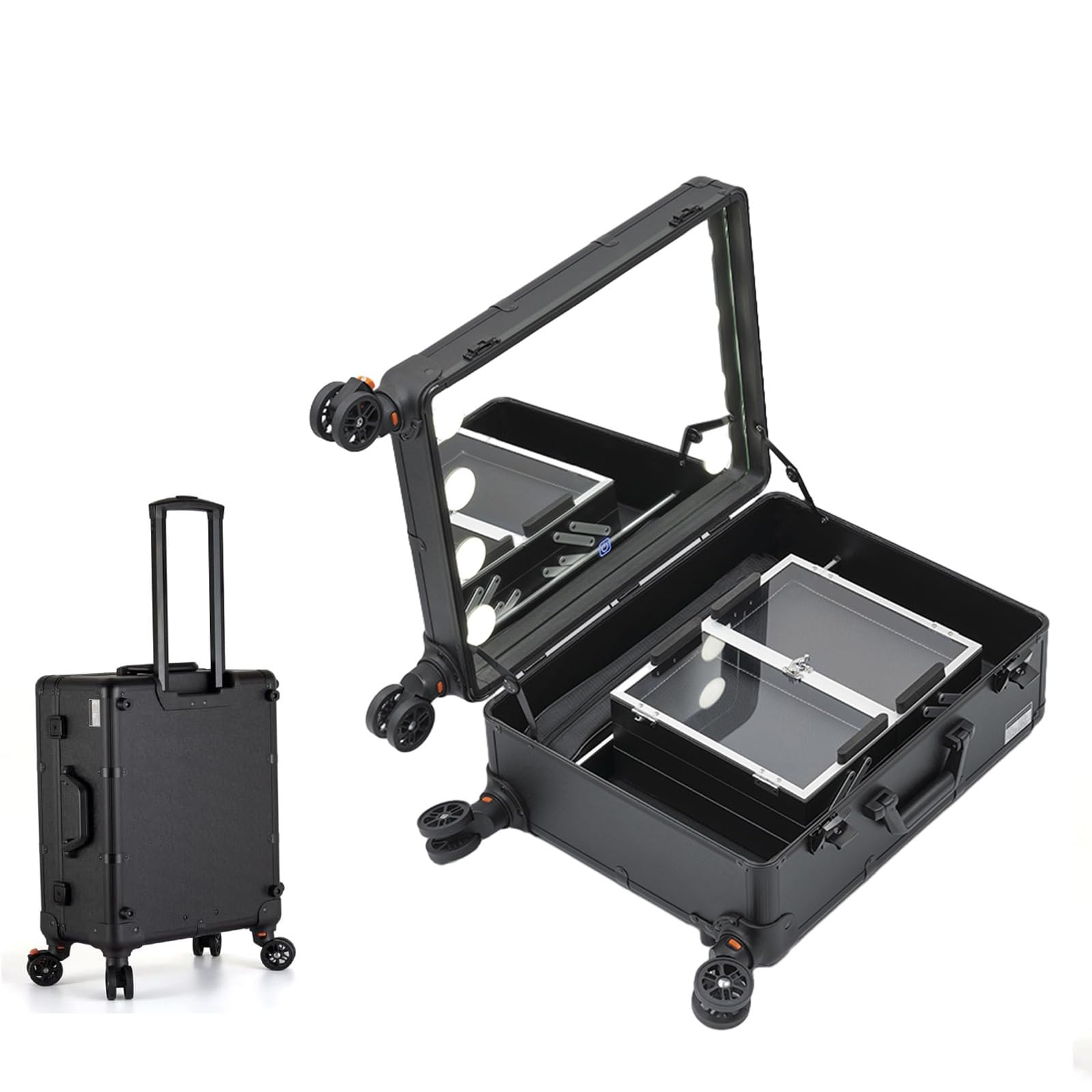 Rolling Makeup Train, profesjonalny wózek kosmetyczny, duży schowek, organizer na kosmetyki z lustrem, organizer na przybory do makijażu dla dziewcząt, przybory do makijażu, pędzle, Jeden kolor, B