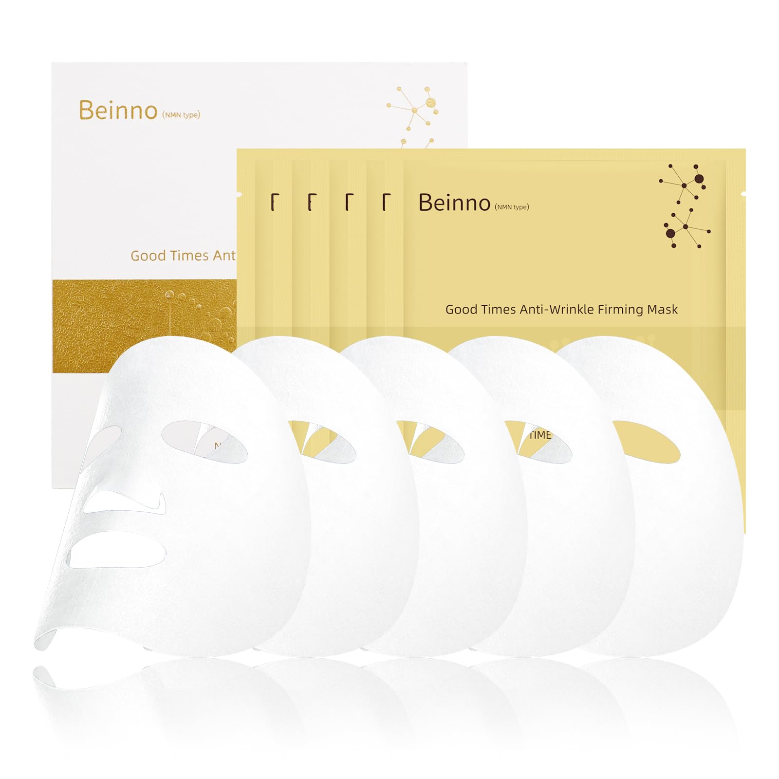 Mascarillas Faciales Reafirmantes y Luminosas Beinno - Mascarilla Facial que Ayuda a Reducir la Apariencia de Arrugas, Promover un Cutis Radiante, Mejorar la Apariencia de la Elasticidad, Paquete de 5