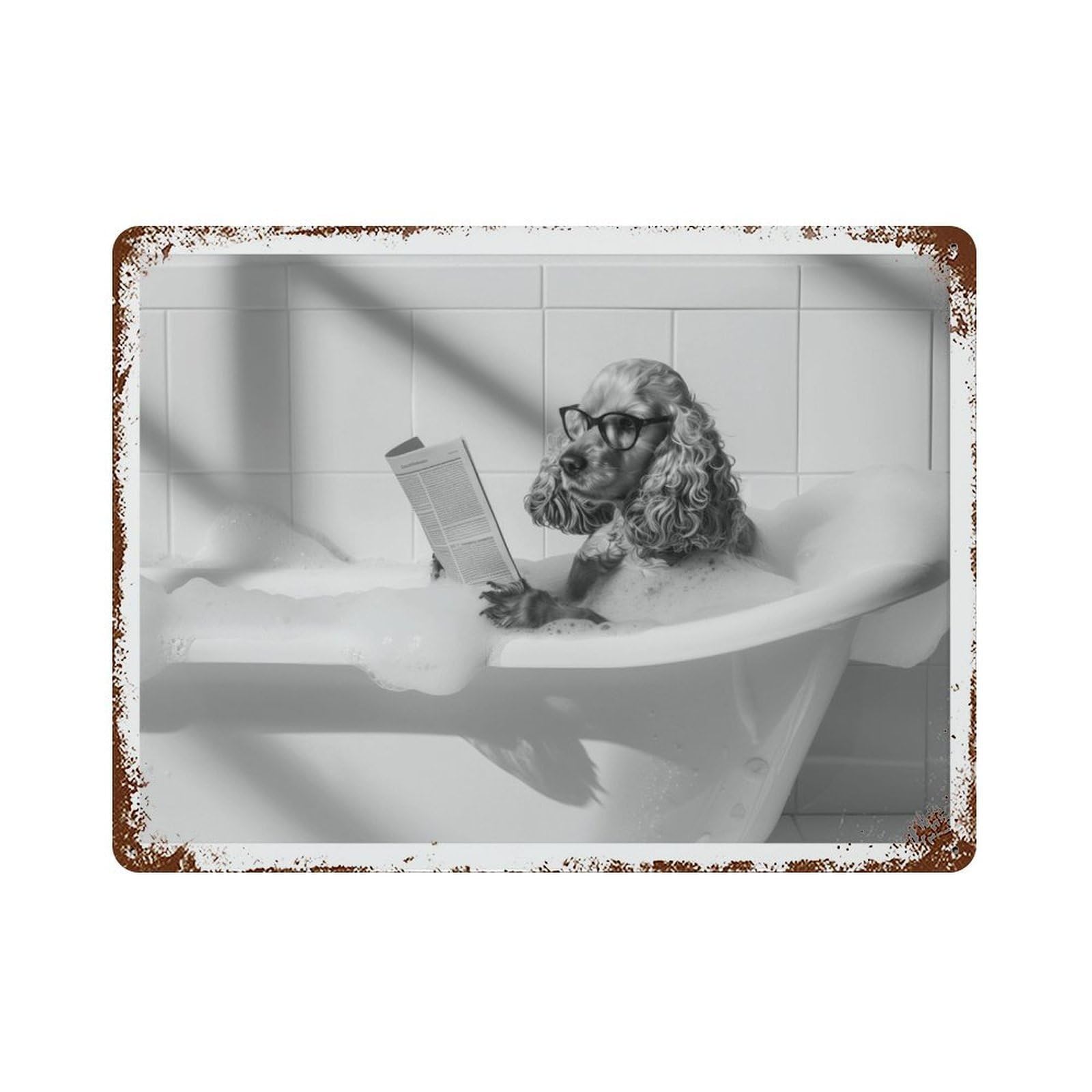 xiaoxiaoshen Cocker Spaniel in Bathtub Dog Reading Newspaper, Funny Bathroom Decor Wall Decor Art Metal Tin Poster Modern Home Decor Art Home Bar Shop Decorations Vintage Sign 30x40cm