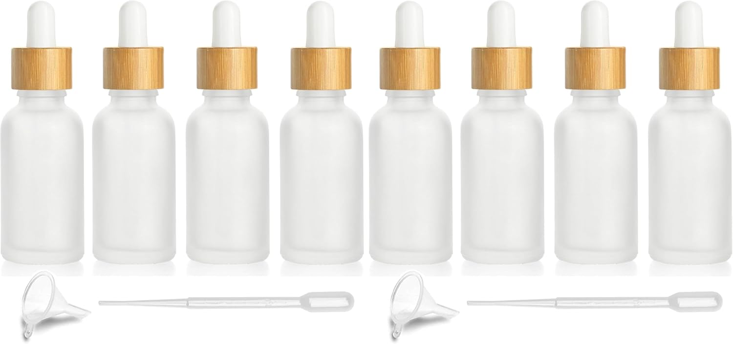 4 Pcs Bamboo Frosted Glass Eye Dropper Bottle,Empty Essential Oil Bottles With Pure Glass Pipettes,Bamboo Cap Makeup Travel Cosmetic Sample Container-Pipette&Funnel included (30ml/1 Ounce) (Pack of 2)