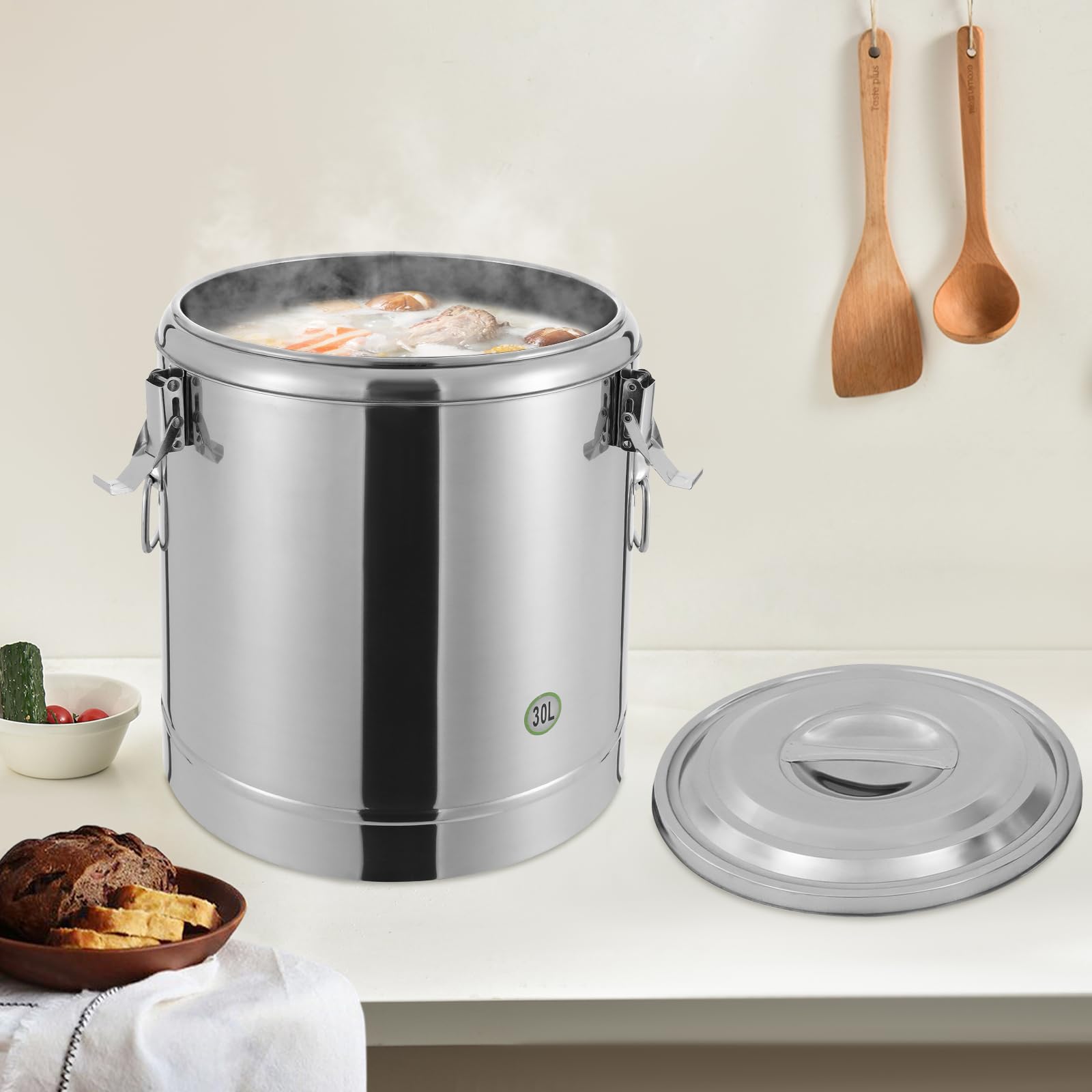Contenitore isolante in acciaio inox, 30 l, contenitore termico per alimenti, contenitore isolato per il trasporto gastronomico, con manici e coperchio, thermos per mense, ristoranti e hotel