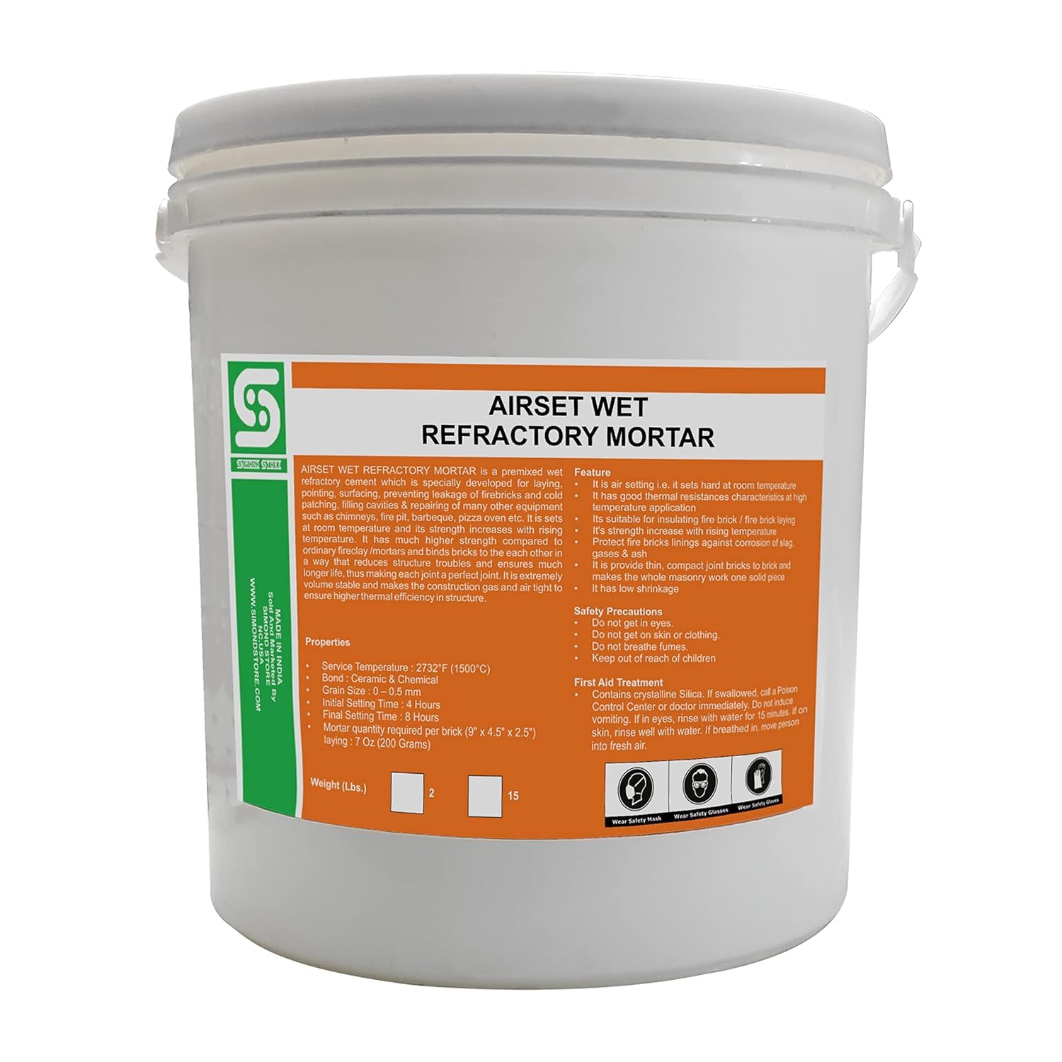 SIMOND STORE Refractory Mortar - 15 LBS - High Heat Mortar Mix - 2700F Rated - High Temperature Pre Mixed Refractory Cement for Binding Insulating Fire Bricks in Furnace, Kiln, Fireplace - Grey Color