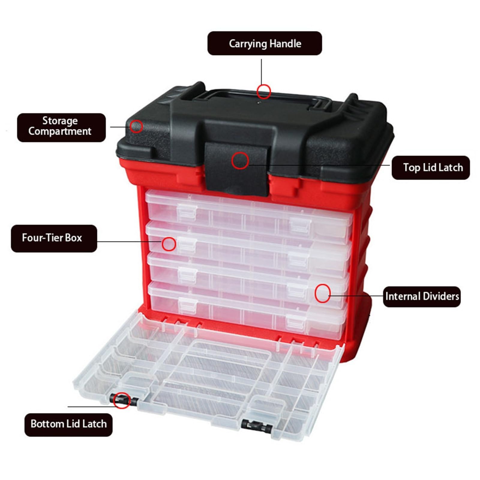 Cassetta Portautensili A 4 Livelli, Organizer Multi Scomparto Minuteria Con Vano Superiore E Scomparto Per Attrezzatura Da Pesca(Red)