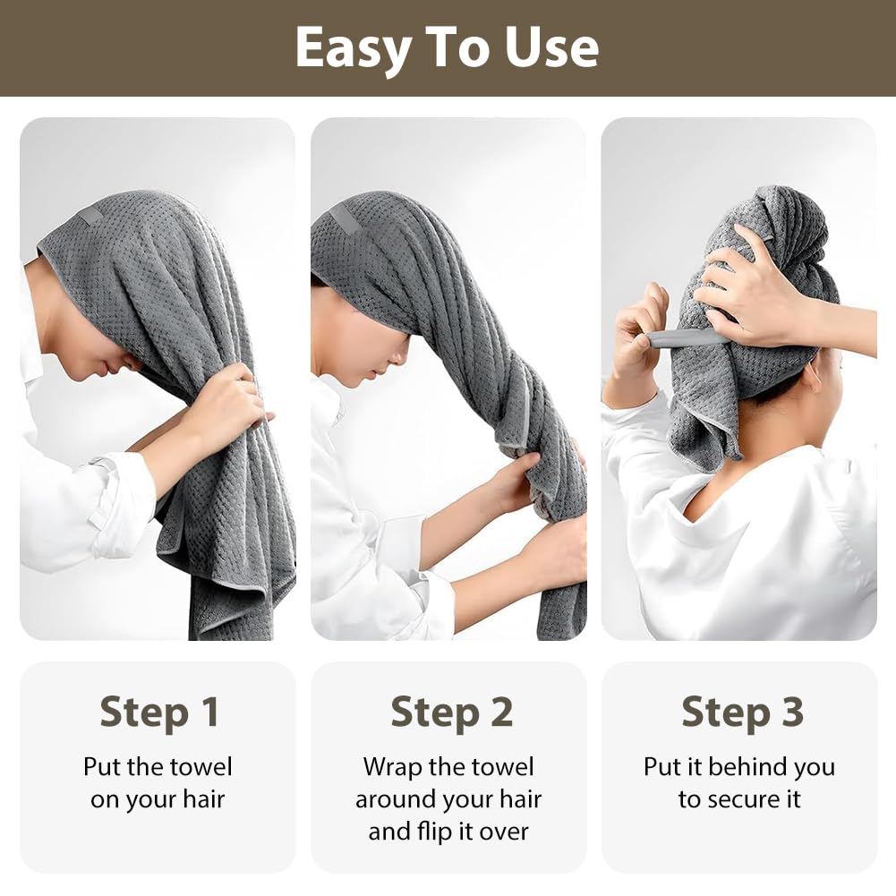 AOOWU Asciugamano Capelli in Microfibra con Texture Waffle, 2 Pezzi Turbante Capelli Morbido con 2 Fascia Elastica, Turbante Asciugacapelli Capelli Super Assorbente, per Donna Capelli Lunghi Ricci