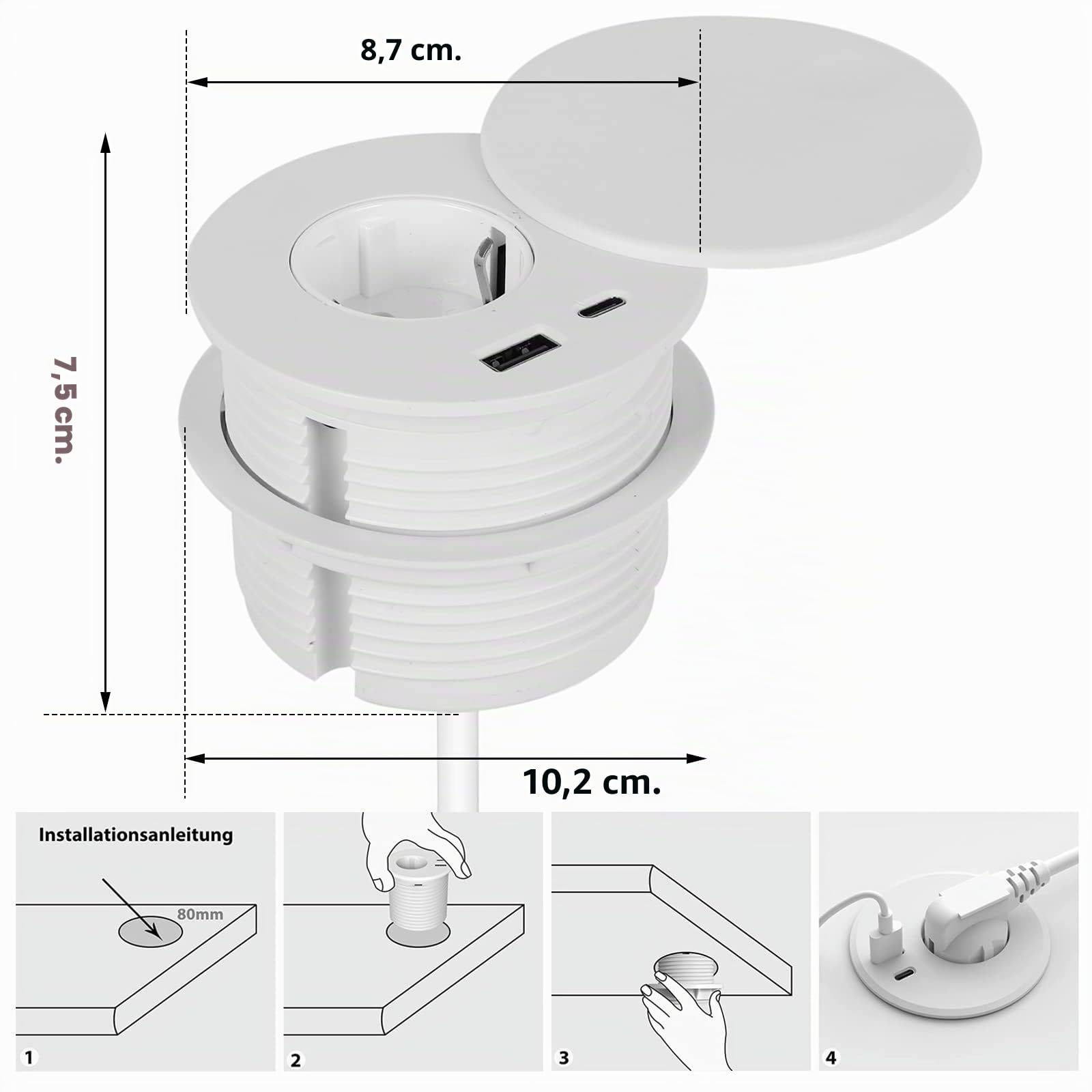 Enchufe empotrable con USB, Enchufe de mesa oculto con cubierta Equipado con 1 enchufe Schuko, 1 puerto USB-C, 1 puerto USB-A y 1,5m de cable de alimentación, enchufe de mesa para agujero de mesa de