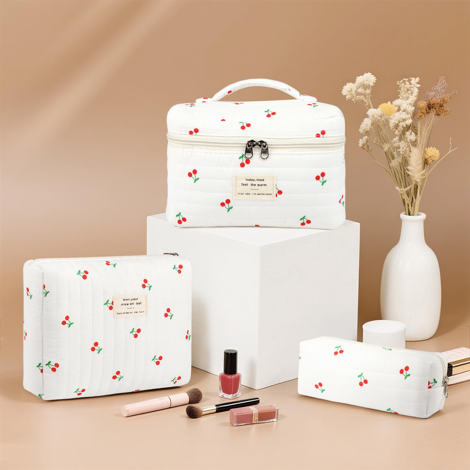 Givurao Bolsa de maquillaje acolchada de viaje grande para mujer, bolsa de cosméticos de algodón floral, bolsa organizadora de artículos de tocador estéticos florales, Cereza dulce, grande, 3 unidades