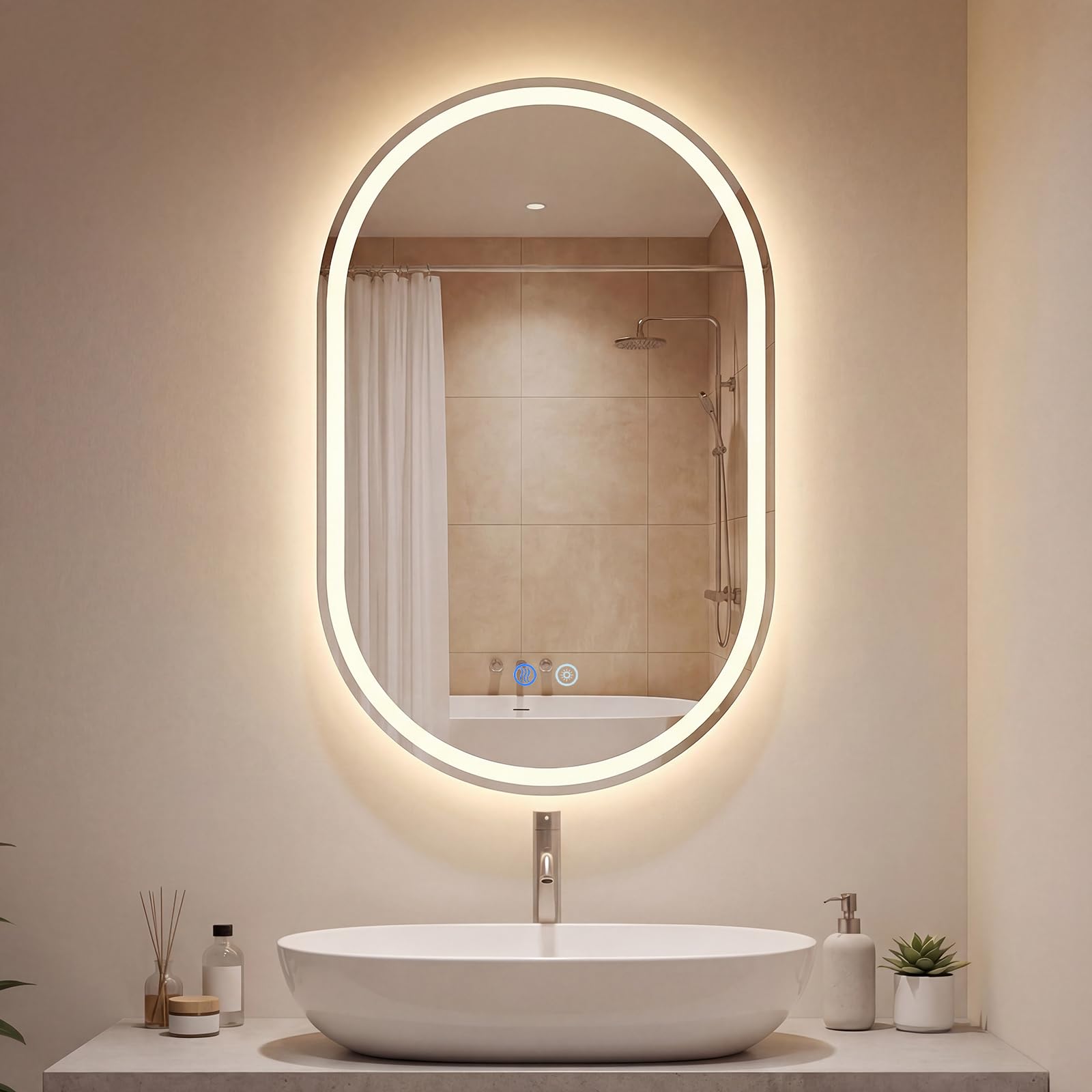 LIFEZEAL Specchio LED Bagno, specchio da parete con 3 colori di luce dimmerabili, funzione memoria e anti-appannamento, specchio cosmetico per bagno, corridoio