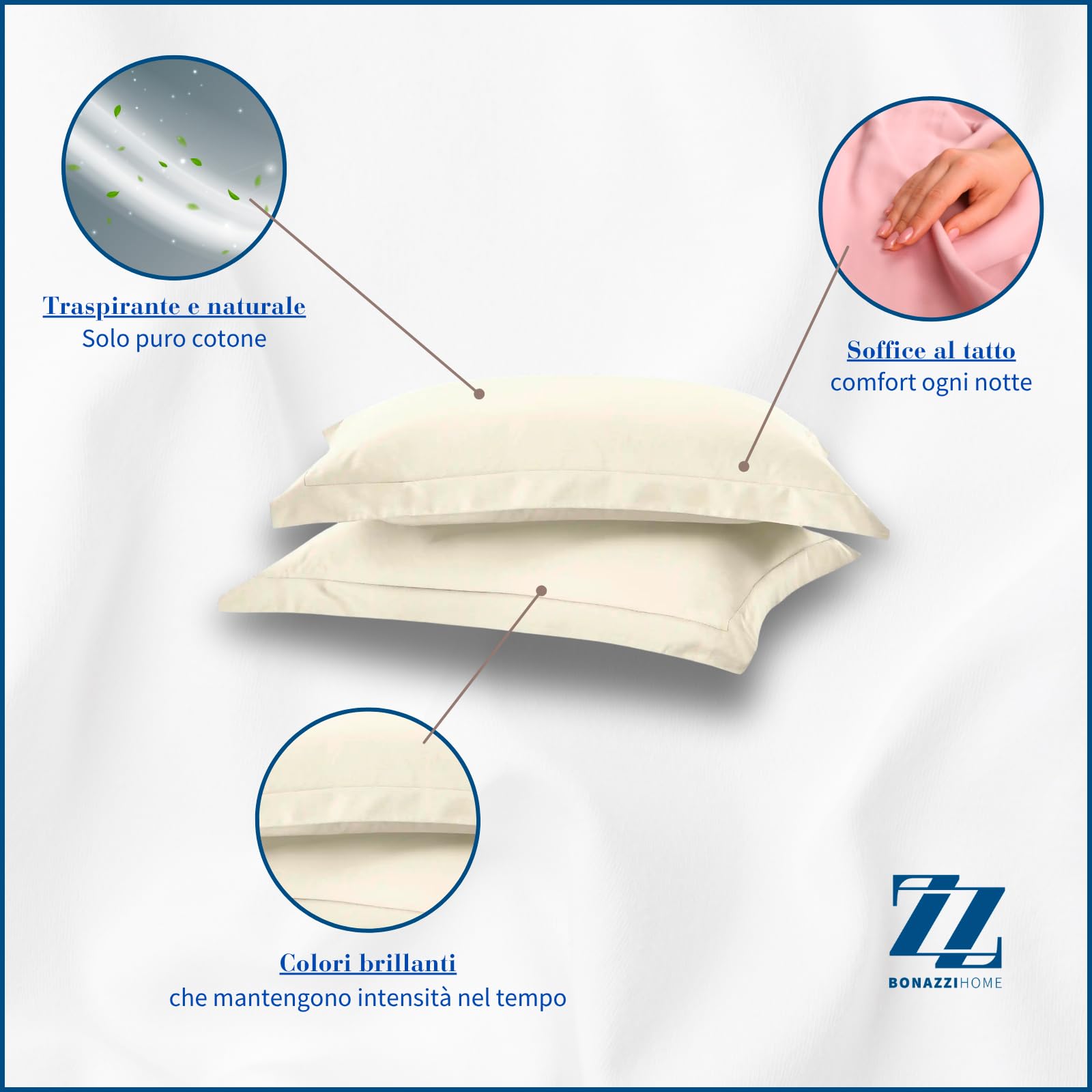 Bonazzi Home, 2 fundas de almohada de raso de puro algodón, medida 50 x 80 cm, 100% Made in Italy (marfil)