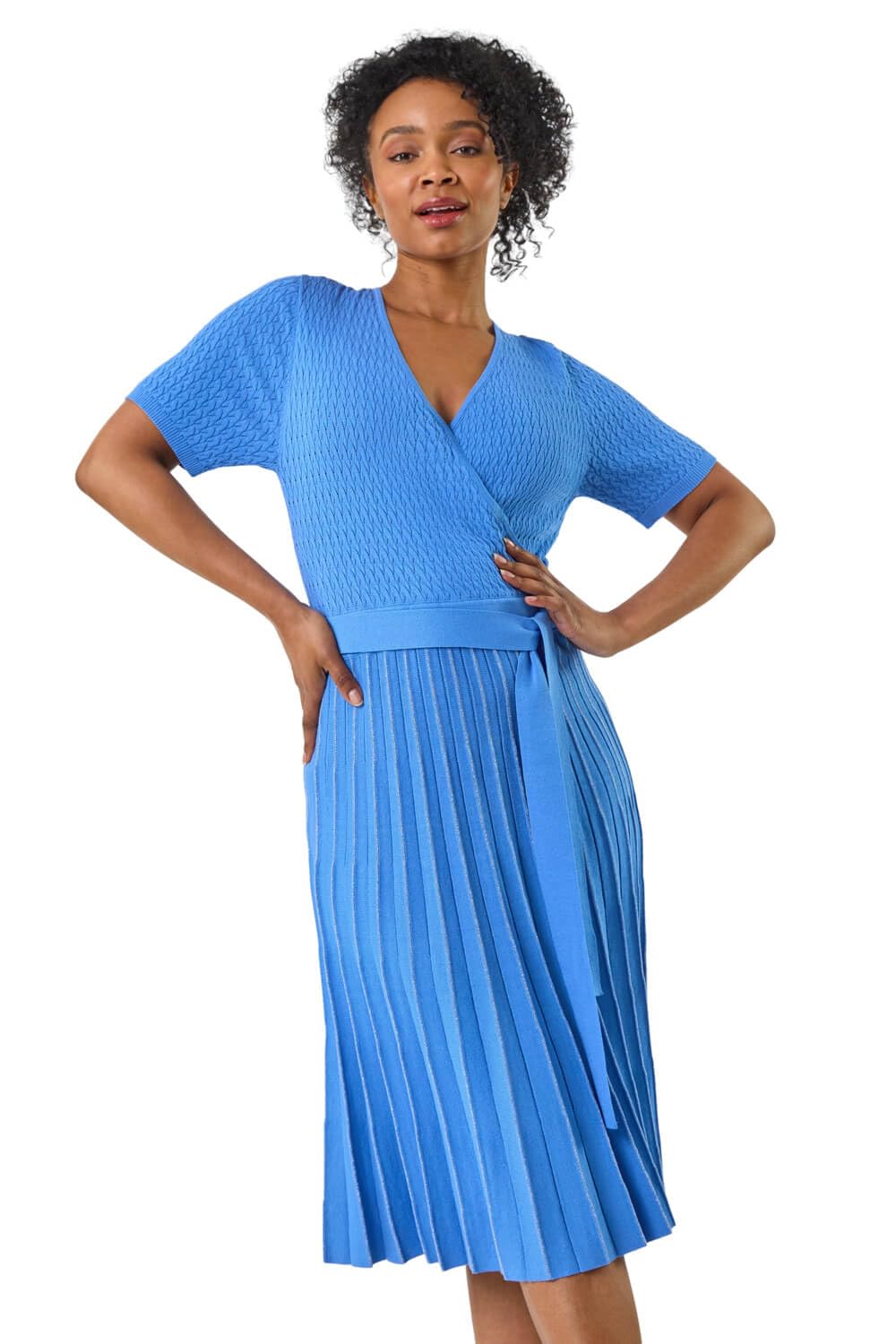 Roman Originals Women's Petite Blue Roman Petite Wrap Knitted Dress For Uk - Everyday Holiday Spring Summer V-Neckline Comfy Soft Evening Vacation Work Party - Size 16